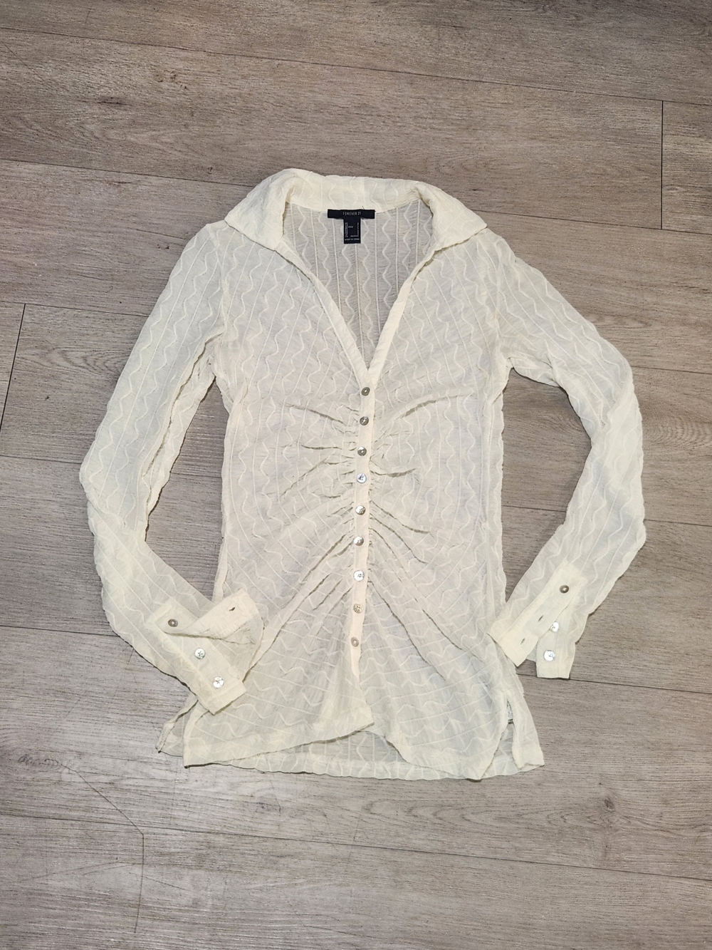 Forever 21 Y2K Cream Ruched Button Up Sheer Top